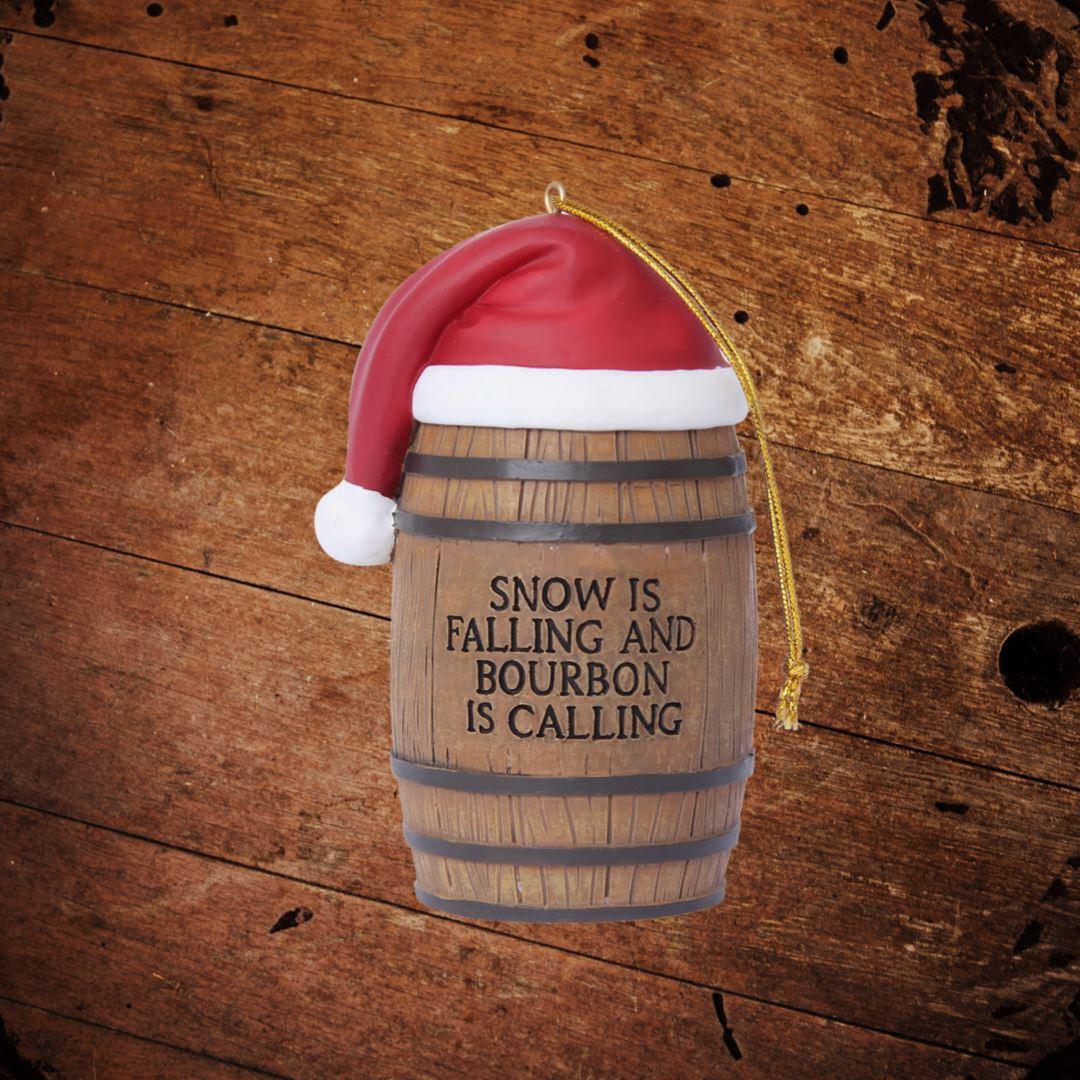 Snow is Falling and Bourbon is Calling Resin Barrel Ornament - The Whiskey Cave