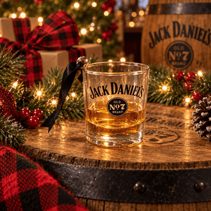 A clear Jack Daniel's Old No. 7 glass Christmas ornament with amber whiskey and ice.