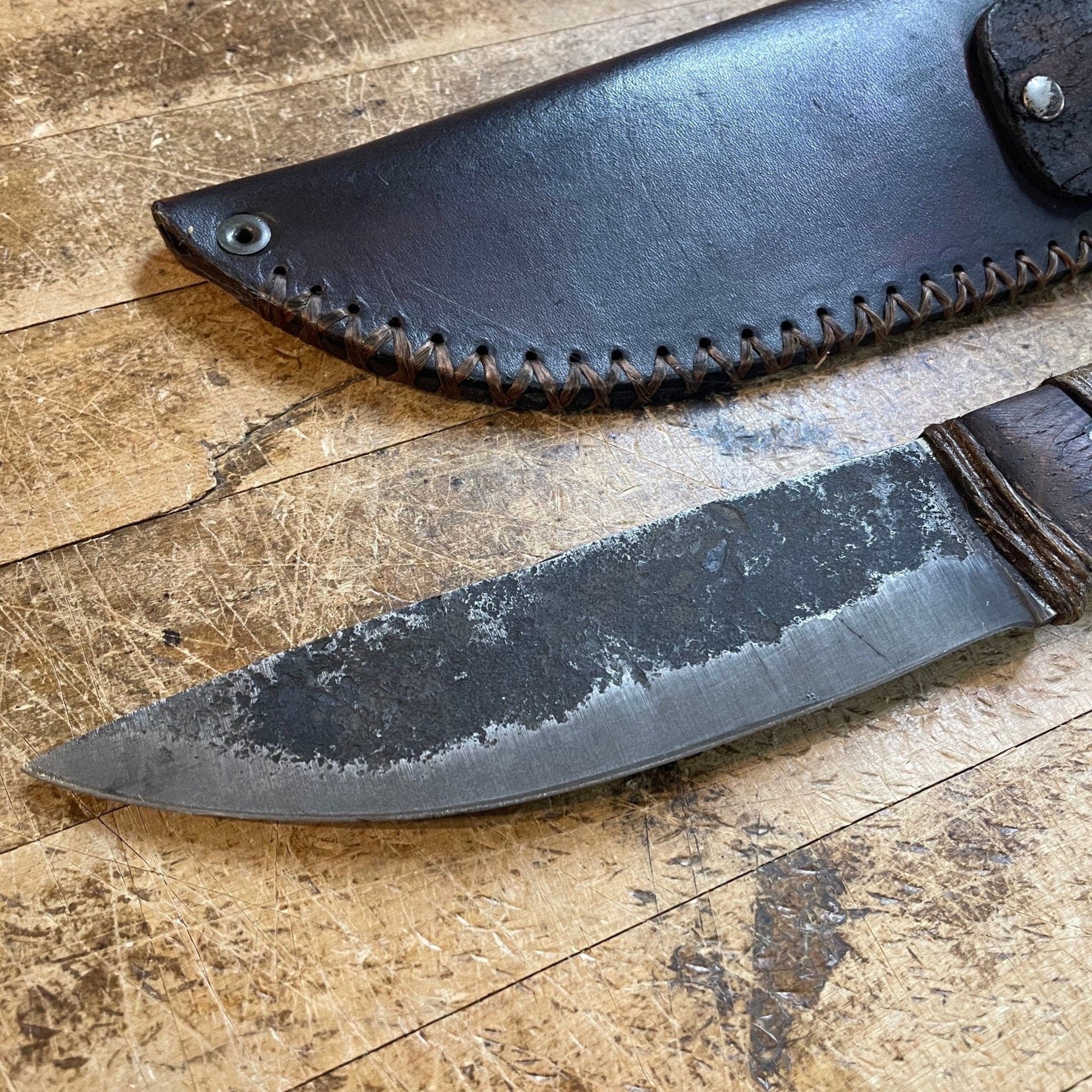 Hand Forged Camp Knife with TN Whiskey Barrel Stave Handle - The Whiskey Cave