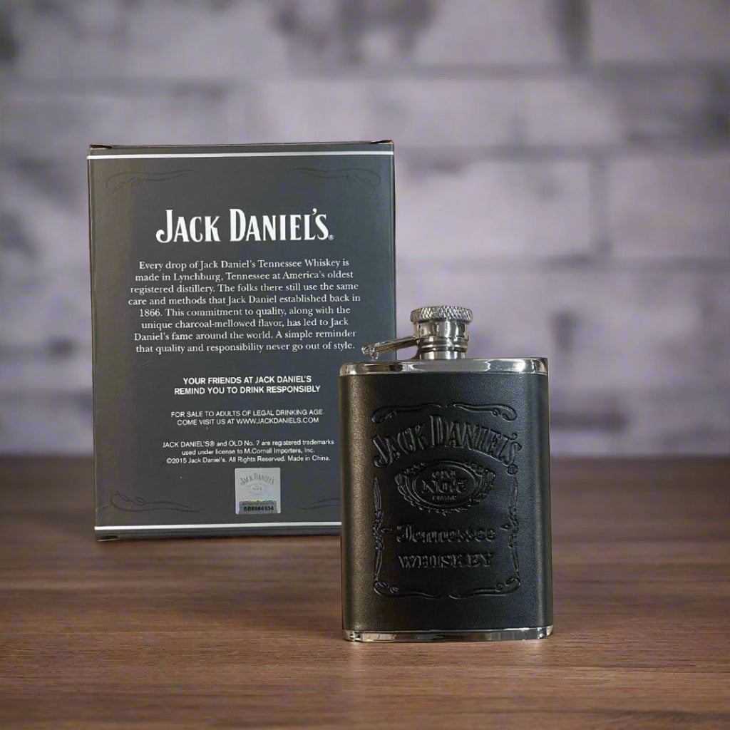 Jack Daniel’s Barrel 3 ounce Leather covered Stainless Flask - The Whiskey Cave