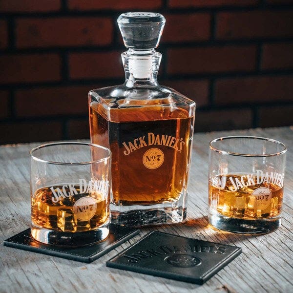 Jack Daniel’s Decanter Set with 2 Rocks Glasses and Leather Coasters - The Whiskey Cave