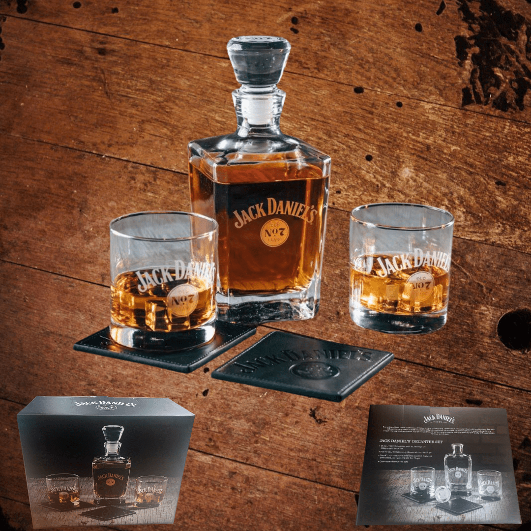 Jack Daniel’s Decanter Set with 2 Rocks Glasses and Leather Coasters - The Whiskey Cave