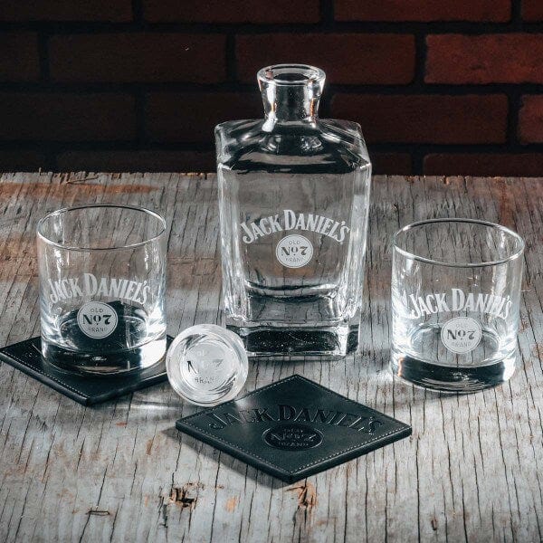 Jack Daniel’s Decanter Set with 2 Rocks Glasses and Leather Coasters - The Whiskey Cave