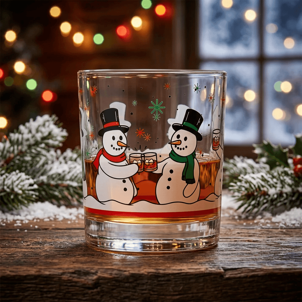 Snowmen Toasting Holiday Rocks Glass - The Whiskey Cave