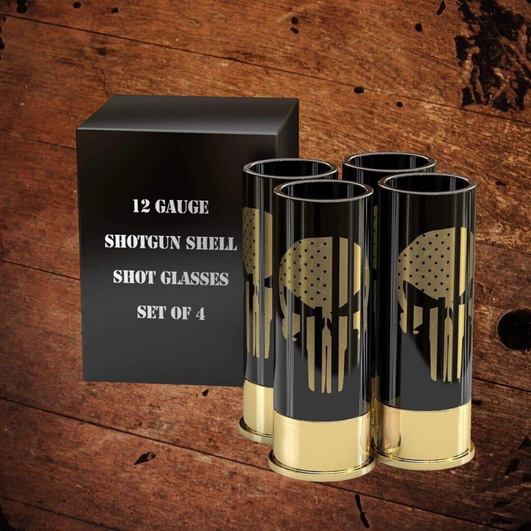 12 Gauge Shot Glasses Boxed Set of 4 Skull American Flag - The Whiskey Cave