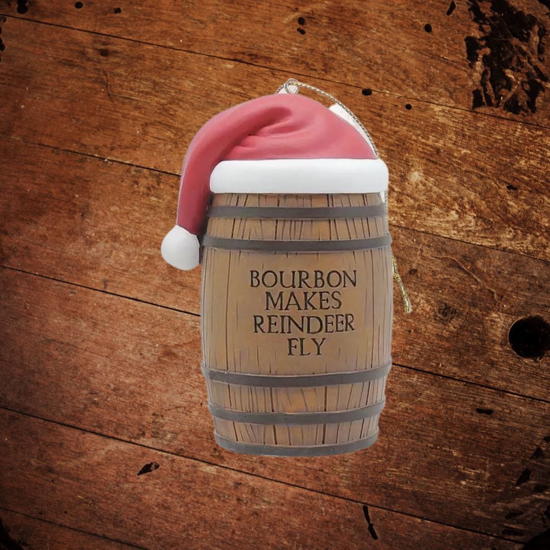 Bourbon Makes Reindeer Fly Resin Barrel Ornament - The Whiskey Cave