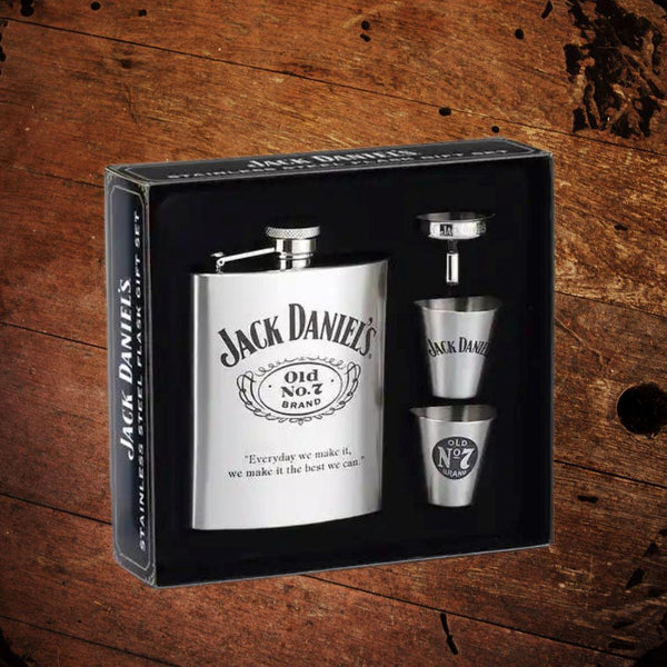 Jack Daniel’s Flask Polished Steel Gift Set with Shots - The Whiskey Cave