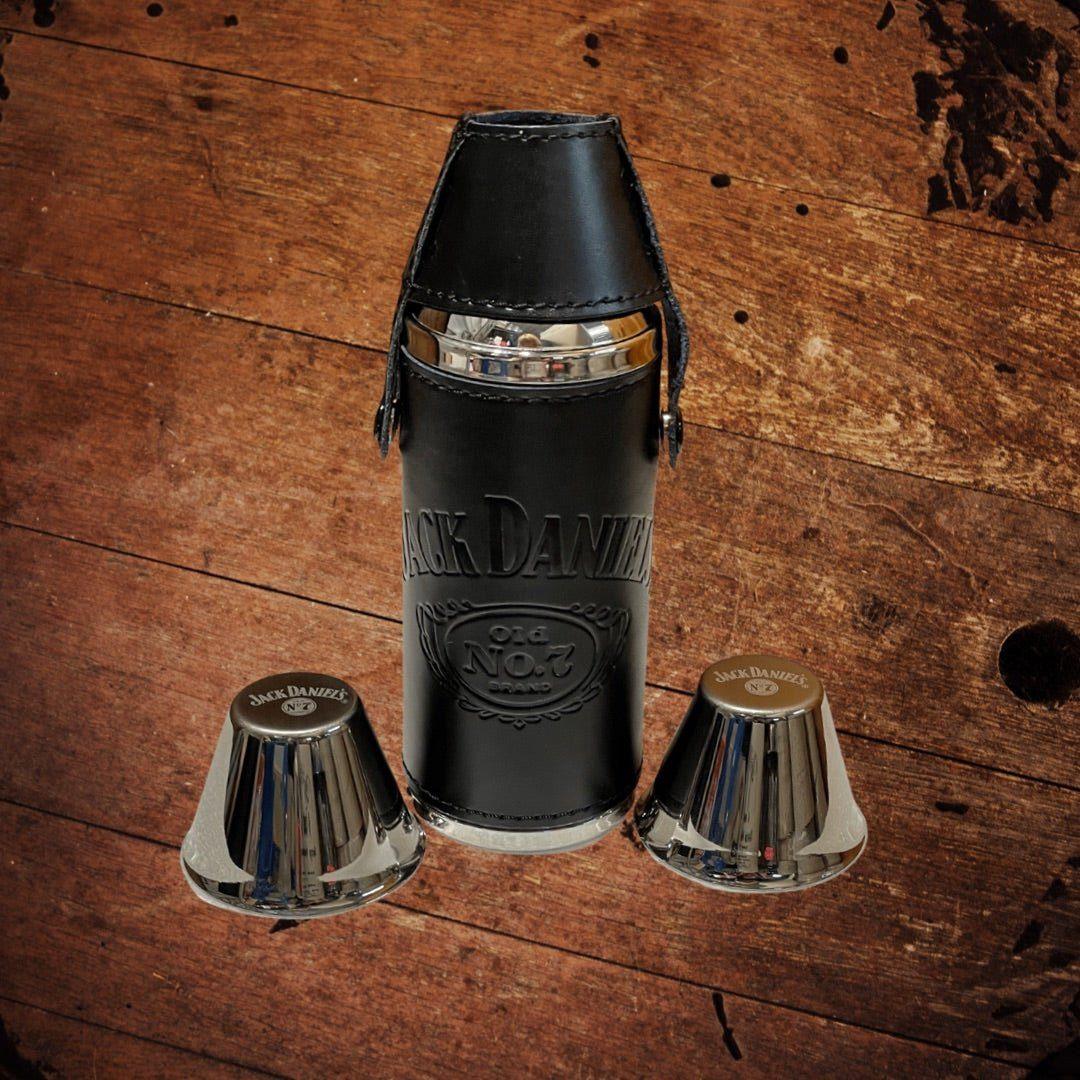 Jack Daniel’s Leather Covered Stainless Steel Travel Bottle with Shots - The Whiskey Cave