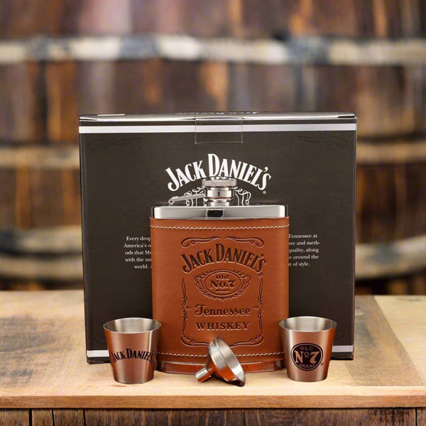 Jack Daniel's Flask Polished Steel Gift Set with Shots - The