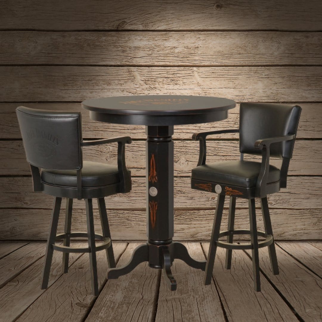 Jack Daniel’s Wood Pub Table and 2 Bar Stools with Backrests - The Whiskey Cave