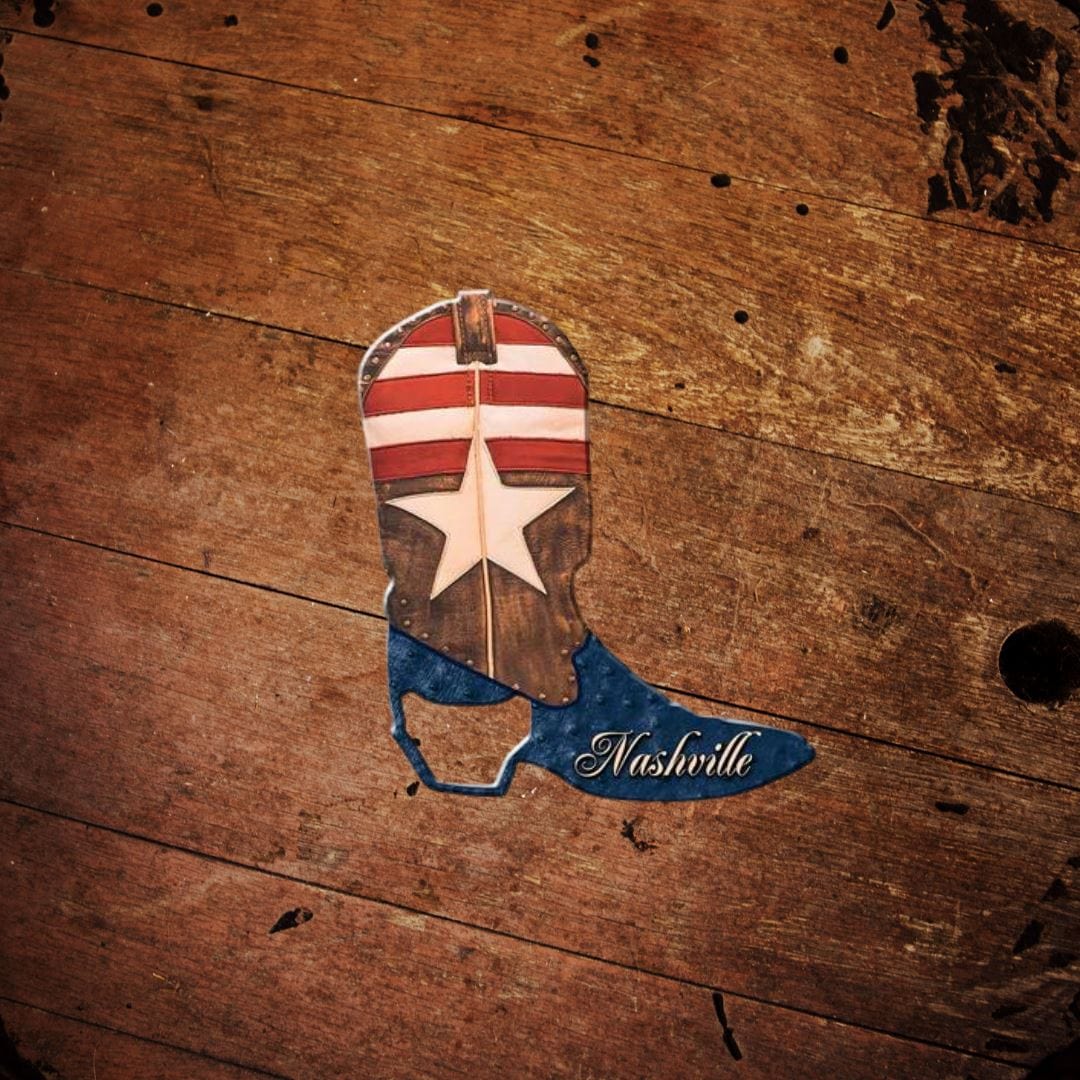 Metal Enameled Flag Nashville Boot Bottle Opener With Magnet Back - The Whiskey Cave