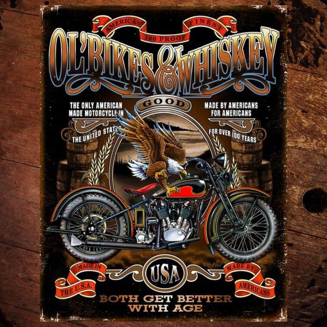 Ol’ Bikes and Whiskey Metal Sign - The Whiskey Cave