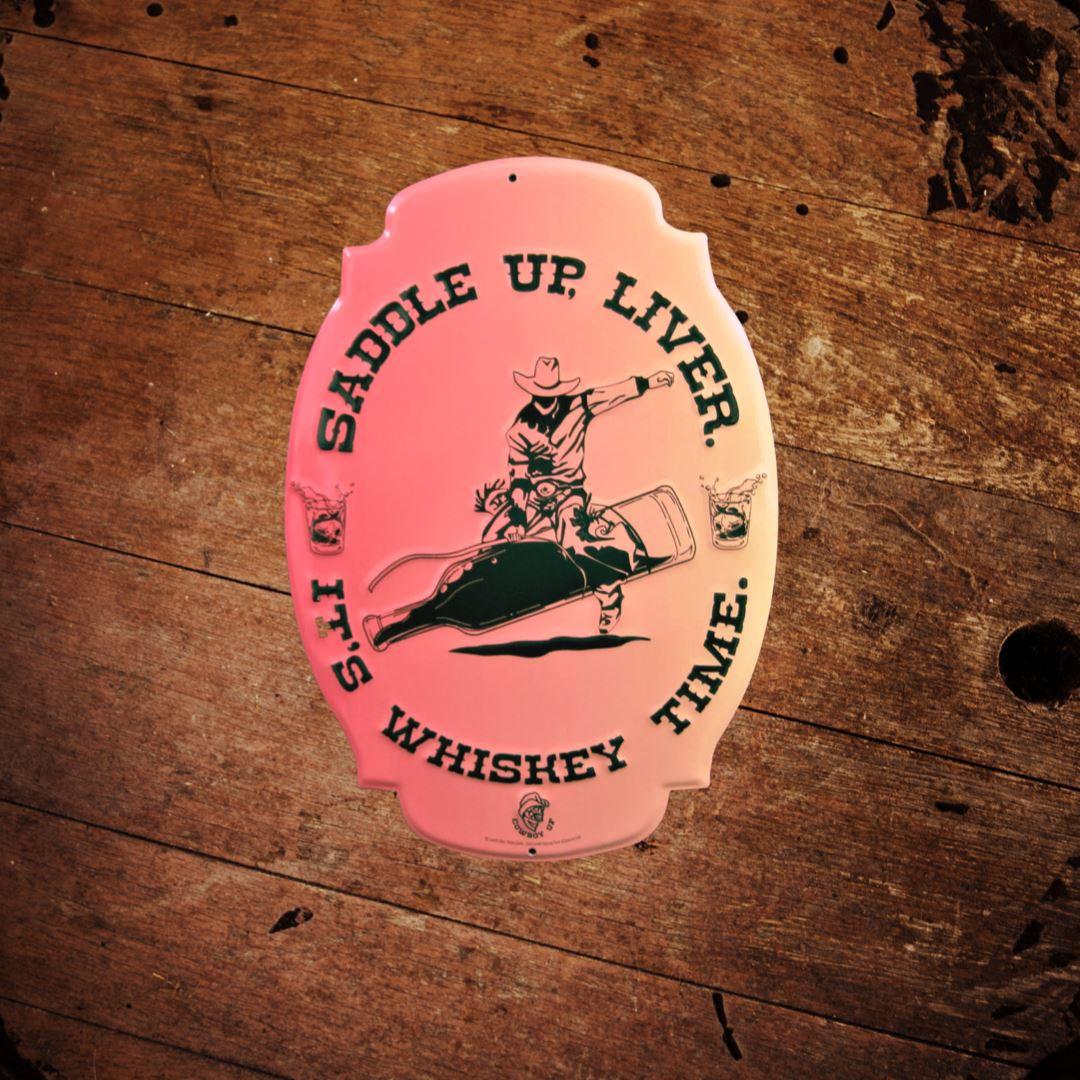Saddle Up Liver Embossed Aluminum Sign - The Whiskey Cave