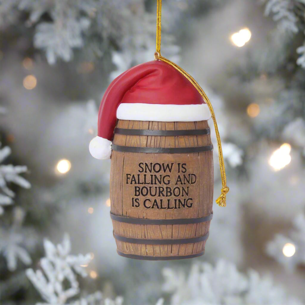 Snow is Falling and Bourbon is Calling Resin Barrel Ornament - The Whiskey Cave